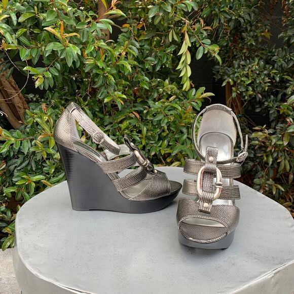 New Calvin Klein Solano Lizard Wedge Platform Sandals Silver 
Women’s 39 8.5 - Picture 1 of 11